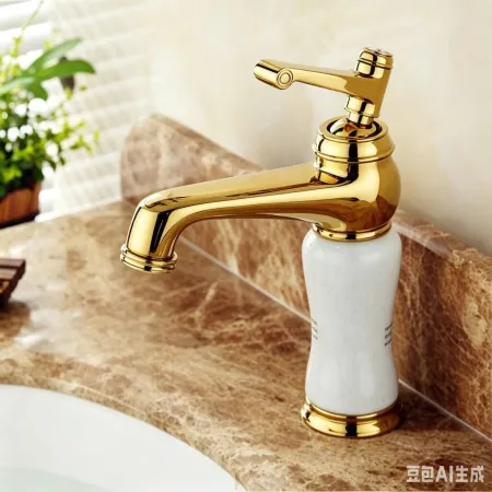 A golden retro faucet with a white ceramic base, suitable for both cold and hot water in kitchens, bathrooms and hotels A golden retro faucet with a white ceramic base, suitable for both cold and hot water in kitchens, bathrooms and hotels